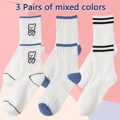 3 Pairs Bear & Plaid Print Socks Comfy & Mid Tube Socks Women's Stockings