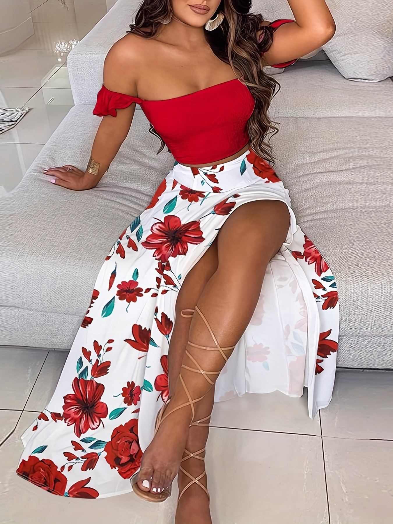 Boho 2 Piece Set Off Shoulder Smocked Tube Top & Floral Print Skirt