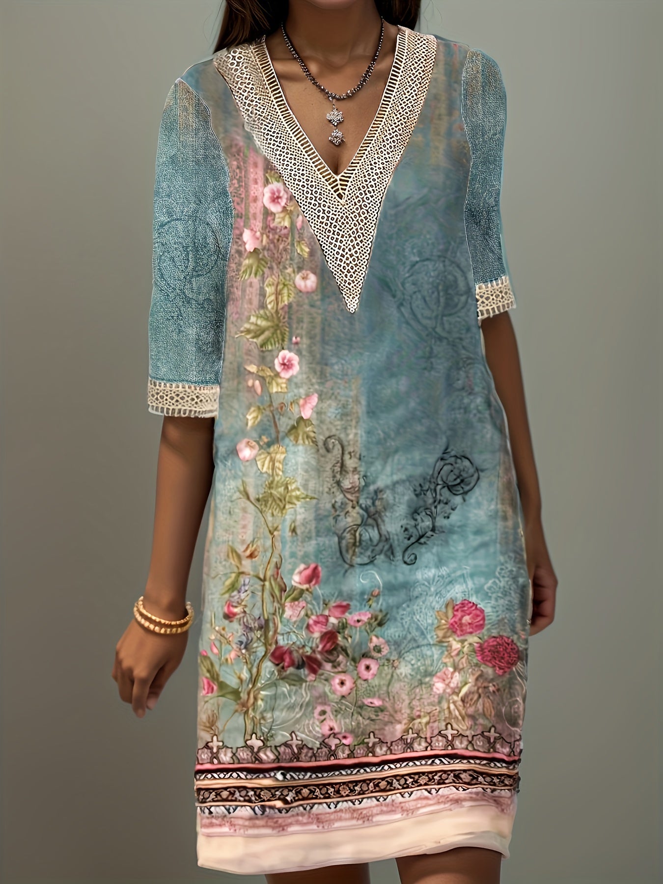  Women's Floral Lace Sleeve V Neck Dress