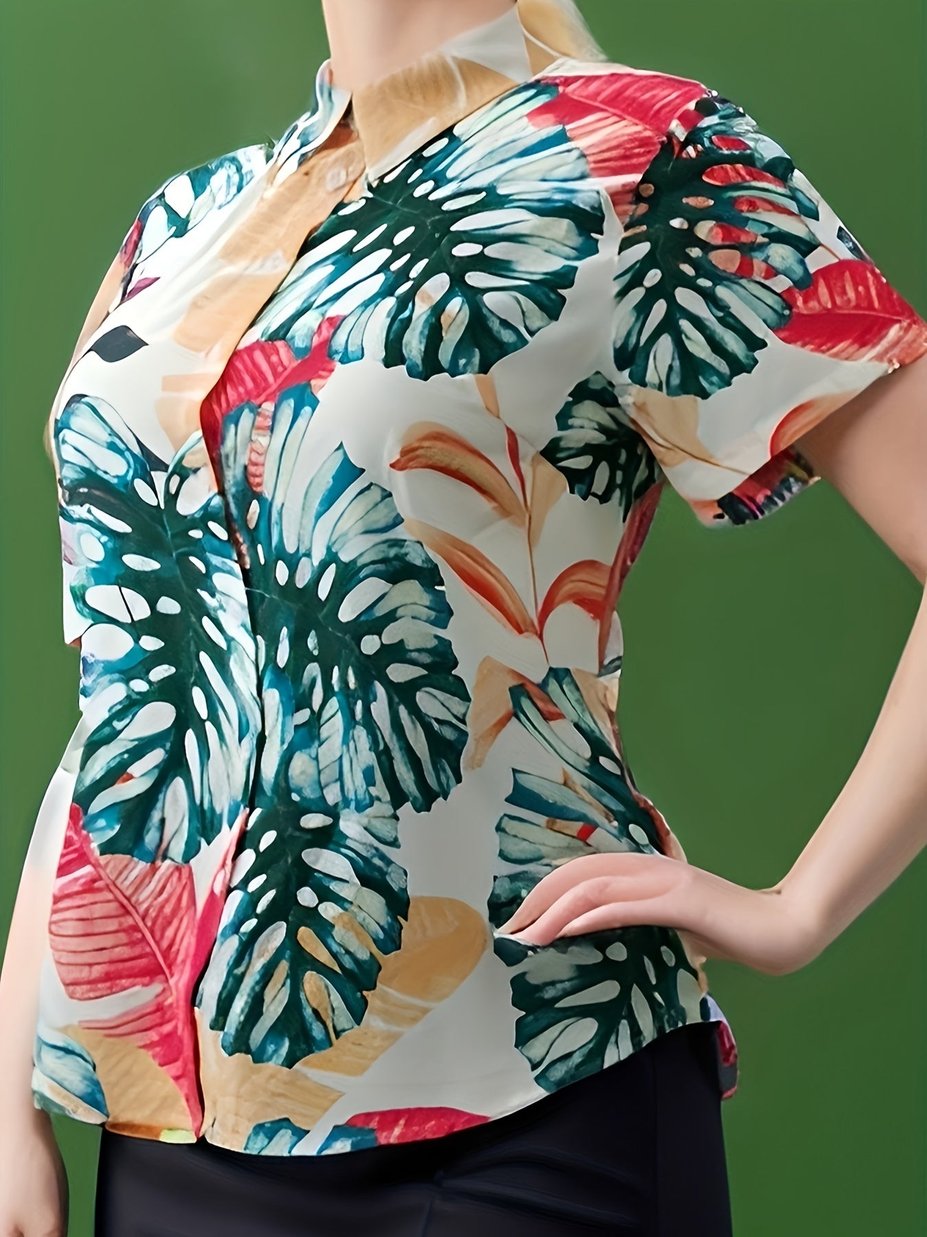  Tropical Print Button Up Short Sleeve Blouse