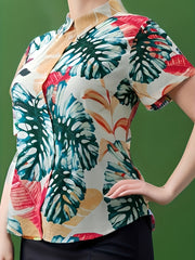  Tropical Print Button Up Short Sleeve Blouse