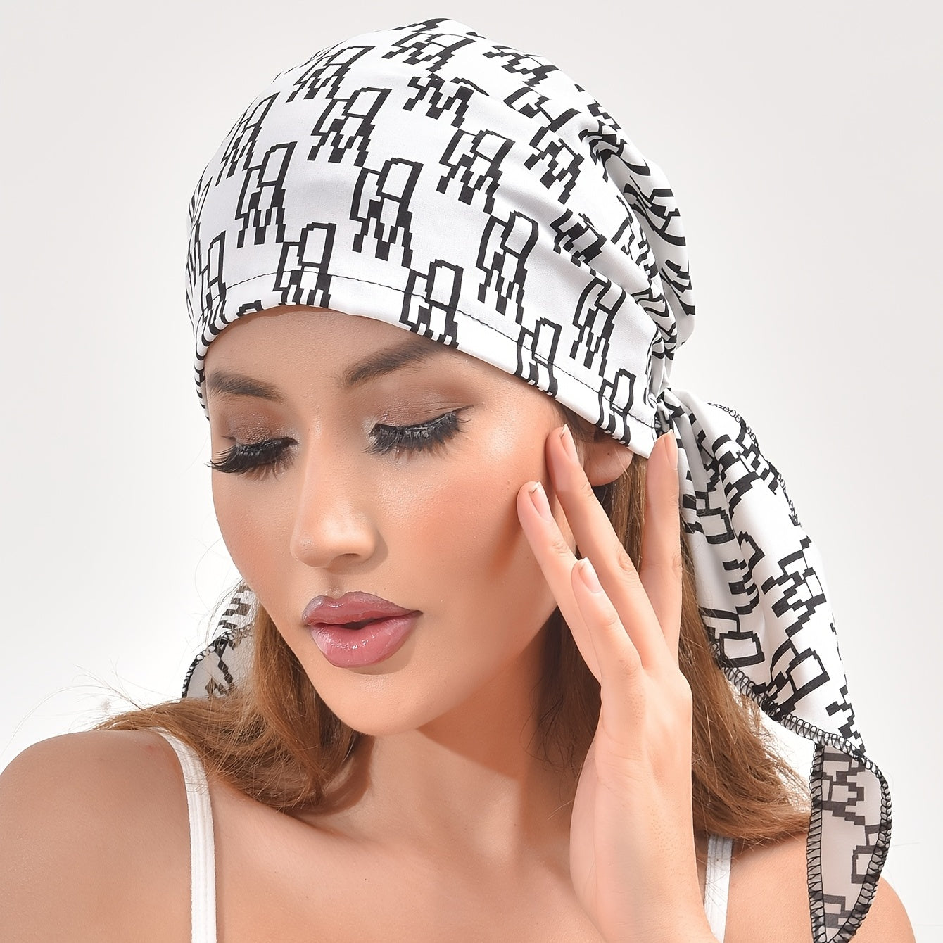 Geometric Print Turban Hat Hair Cap Lightweight Ribbon Long Hair Bonnet