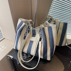Colorblock Woven Beach Bag Striped Shoulder Tote for Travel