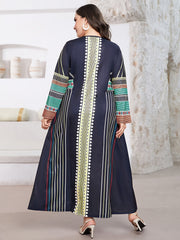 Geometric & Stripe Print Abaya Dress Long Sleeve Maxi Jalabiya