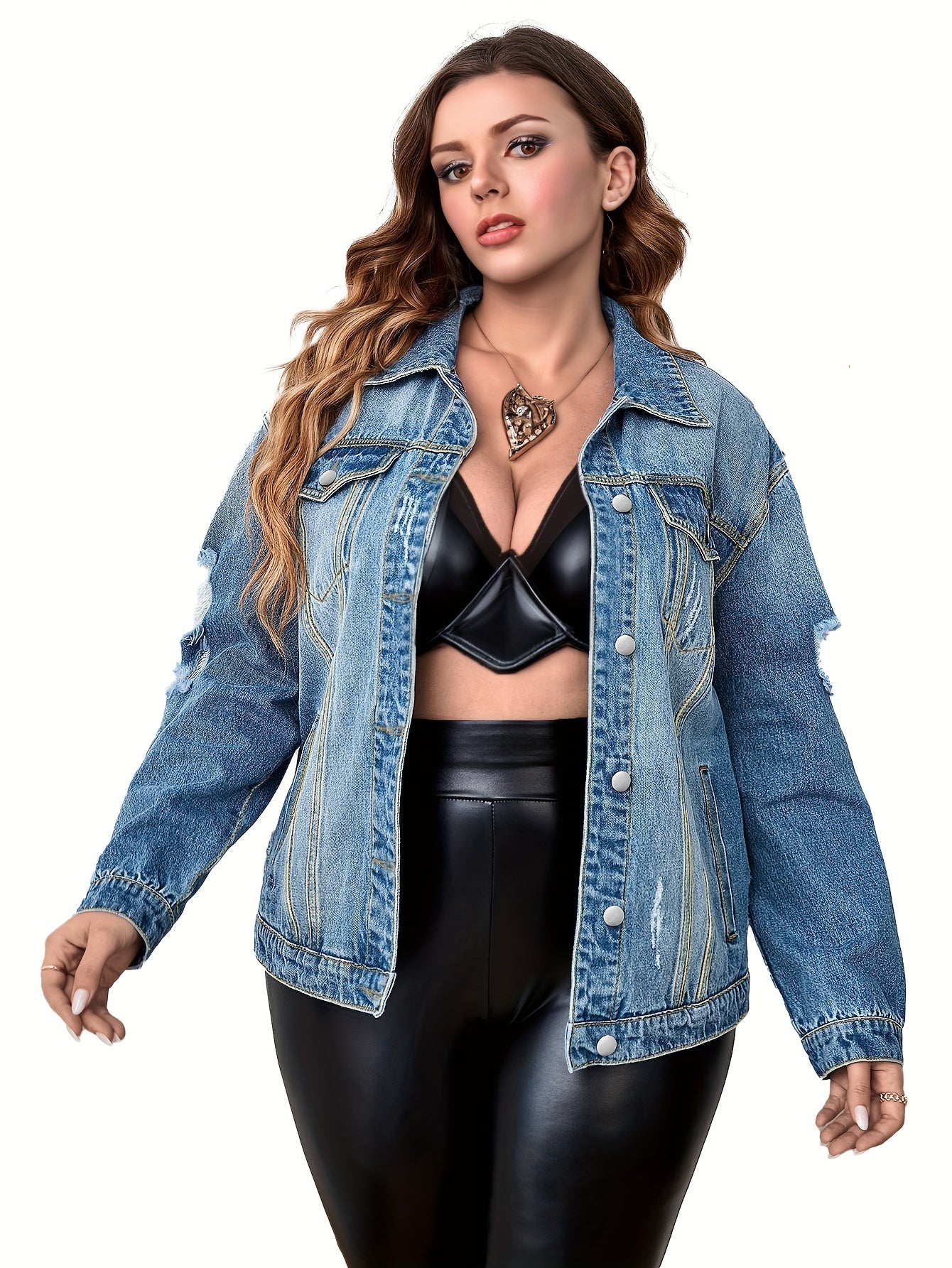 Women's Plus Size Casual Denim Top - Ripped Button Up Long Sleeve Jacket