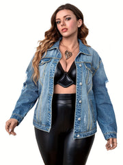Women's Plus Size Casual Denim Top - Ripped Button Up Long Sleeve Jacket