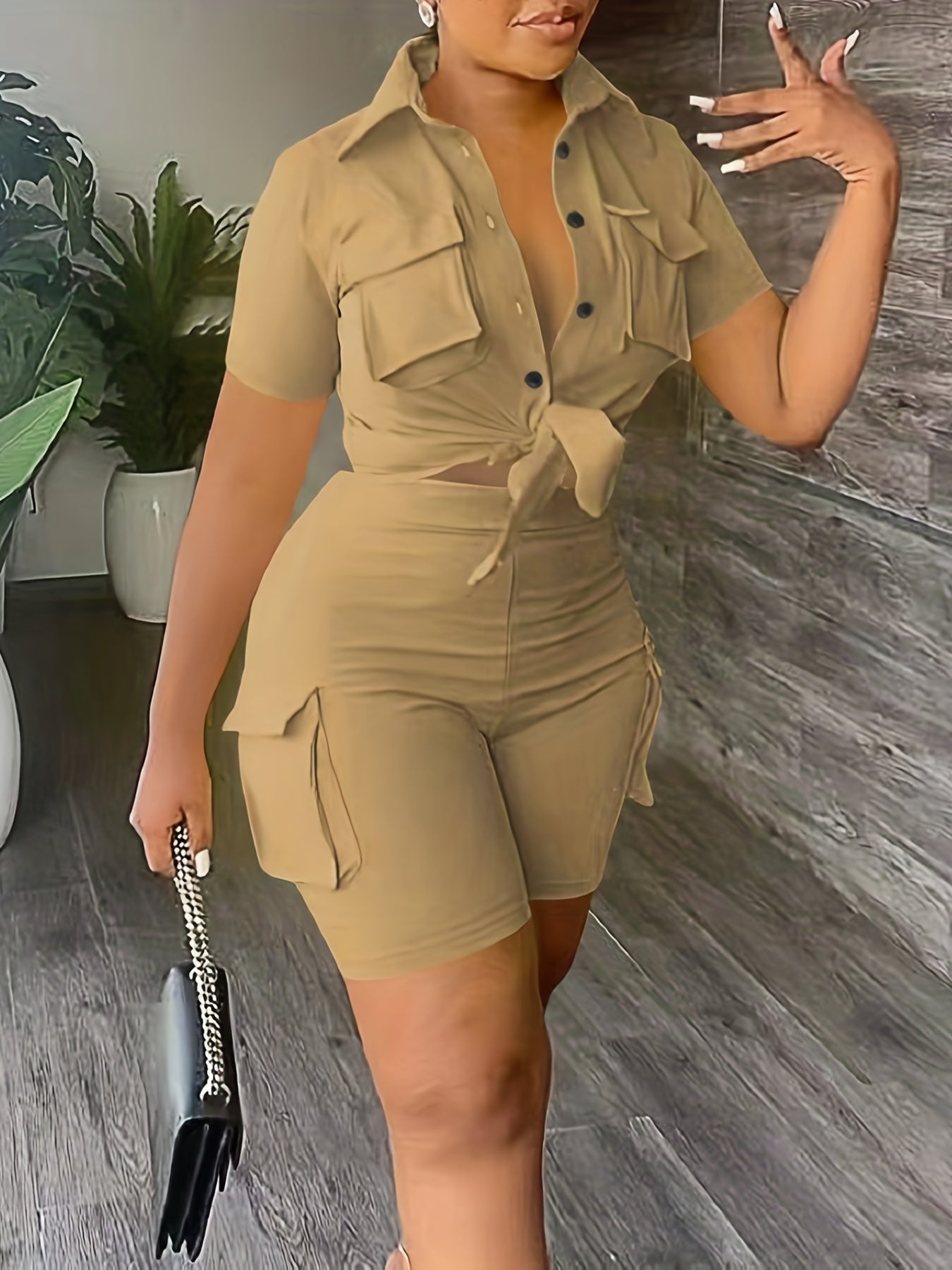 Casual Solid Matching Two Piece Set Short Sleeve Blouse & Flap Pockets Shorts