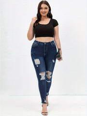  Casual Jeans Women's Plus Solid Ripped Skinny Jeans