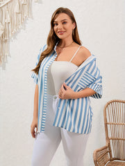  Nautical Stripe Print Button Up Bat Sleeve Shirt