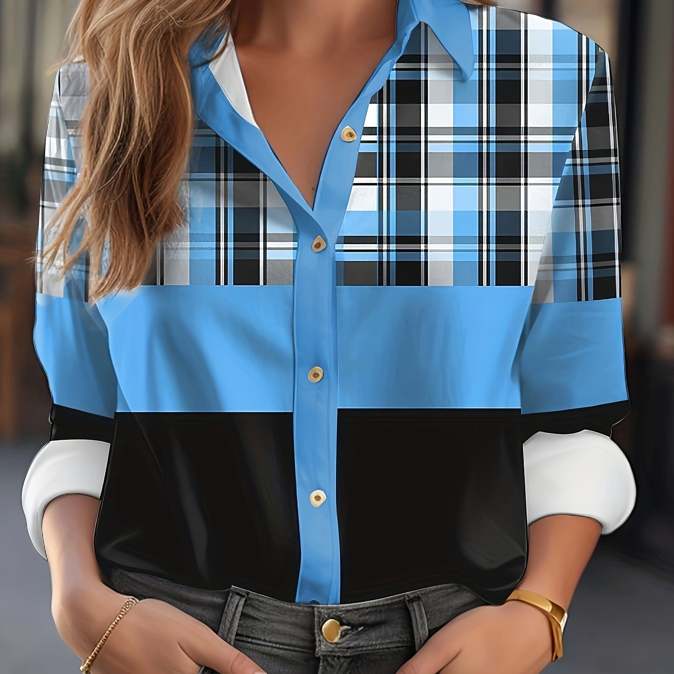  Colorblock Plaid Print Button Up Collar Shirt