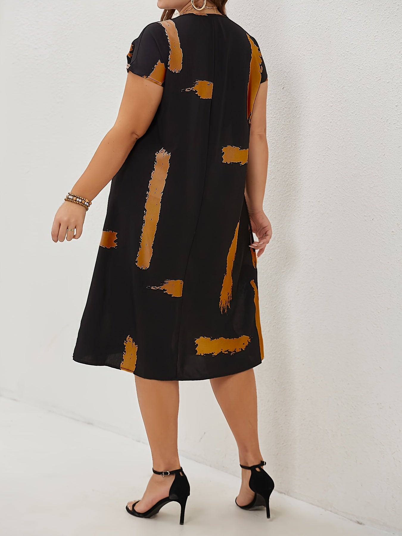  Casual Dress Women's Plus Brush Print Batwing Sleeve V Neck Dress