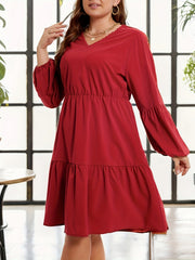 Plus Size Lace Sleeve Smock Dress V Neck