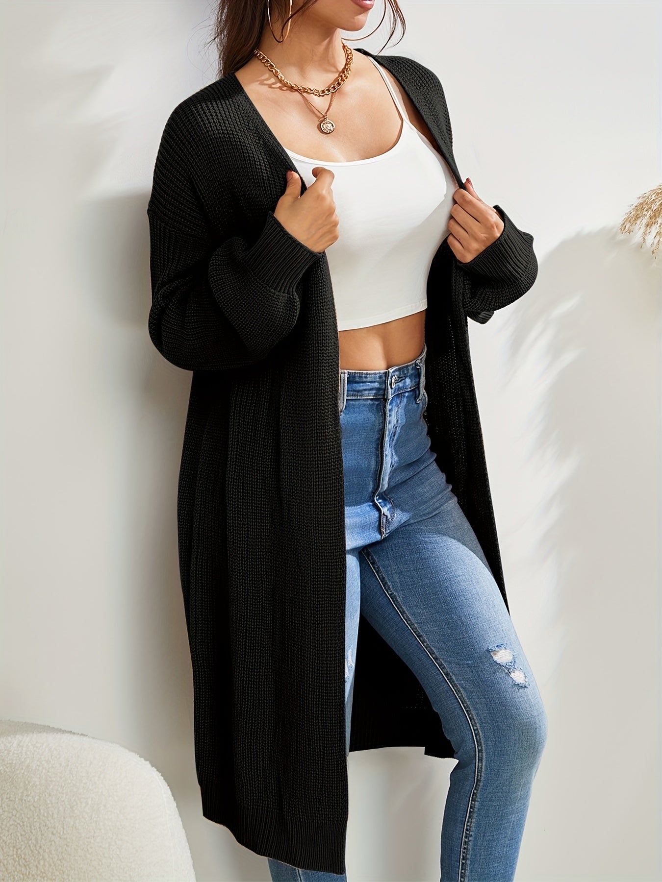 Long Length Knit Cardigan Open Front Sweater Women's Clothing