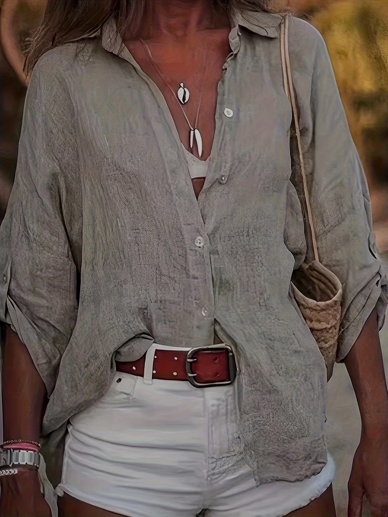  Solid Button Up Roll Up Sleeve Blouse