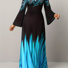 Floral & Ombre Print Bell Sleeve Maxi Dress