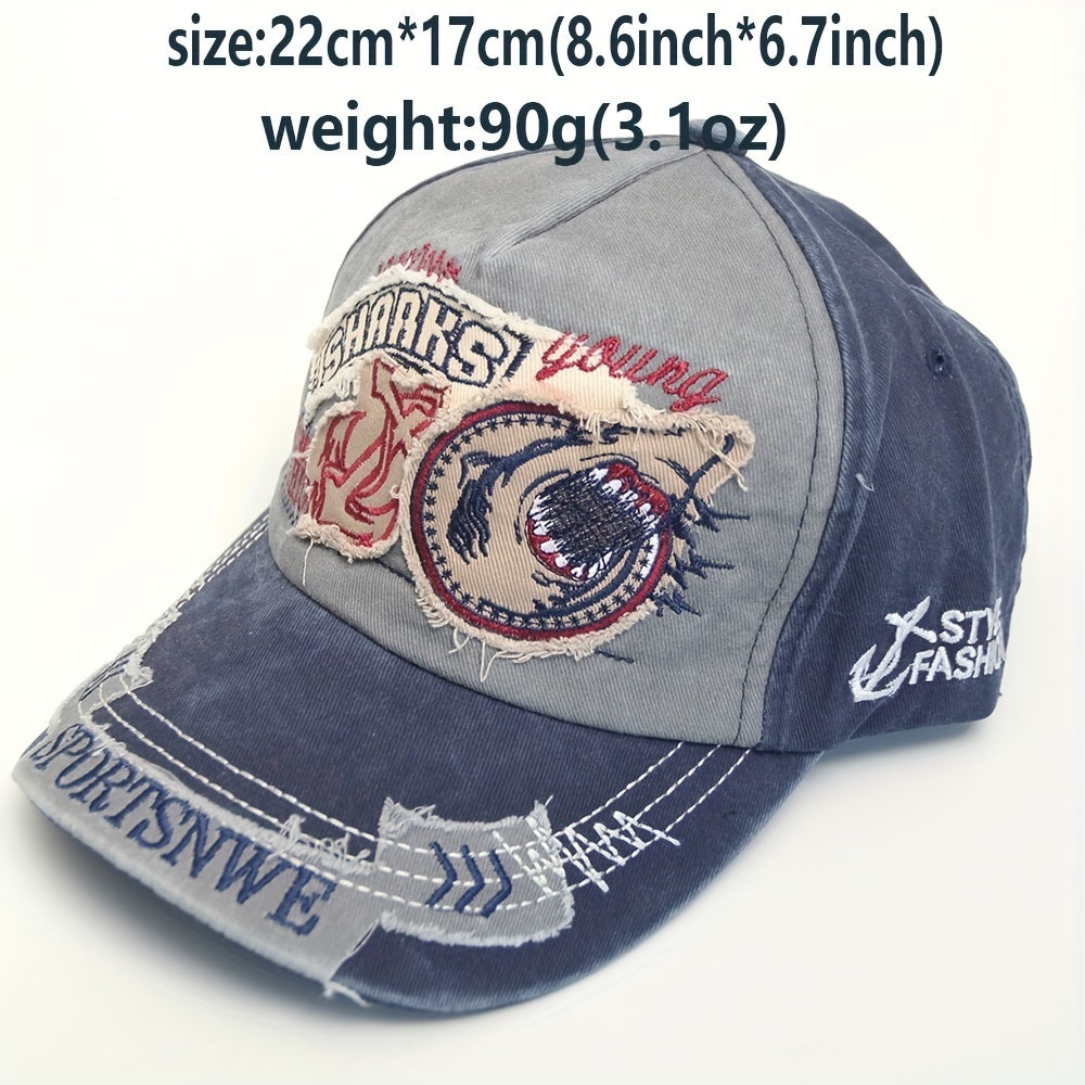 Vintage Washed Embroidery Shark Letter Baseball Cap Men's Sun Visor