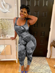 Denim Print Slim Tank Jumpsuit Women's Clothing
