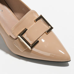 Women's Pointed Toe High Heels Metallic Buckle Decor Patent Leather Pumps