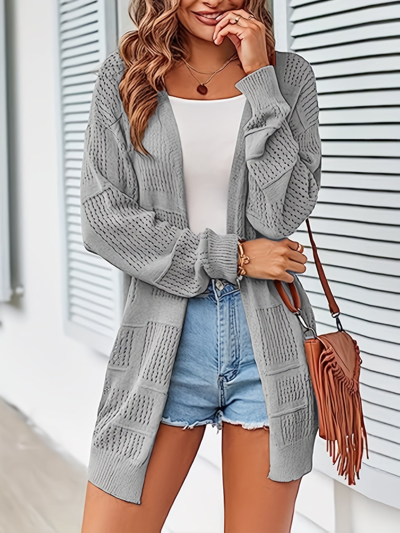 Eyelet Solid Knit Cardigan Open-Front Long Sleeve Sweater