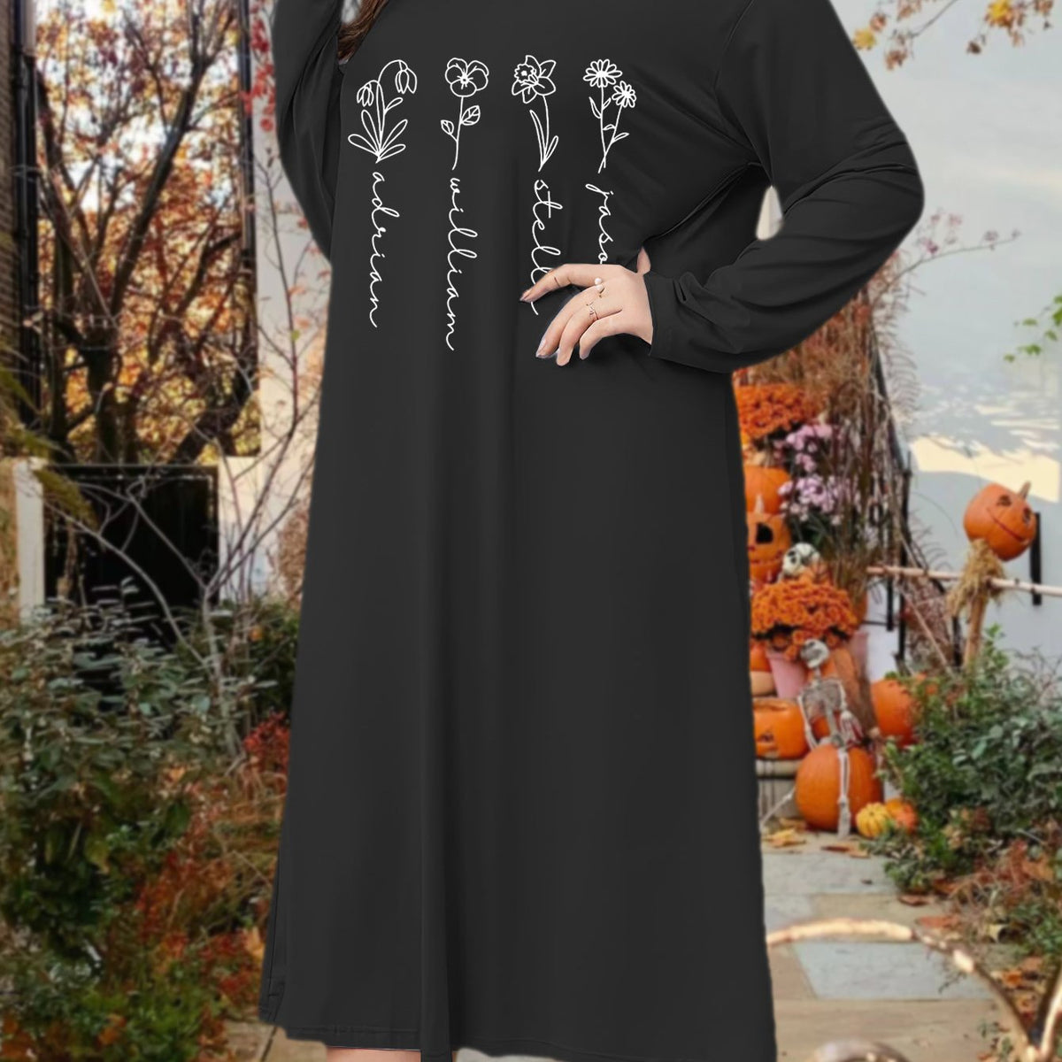 Plus Size Lounge Dress Women's Plus Art Letter & Floral Print Long Sleeve