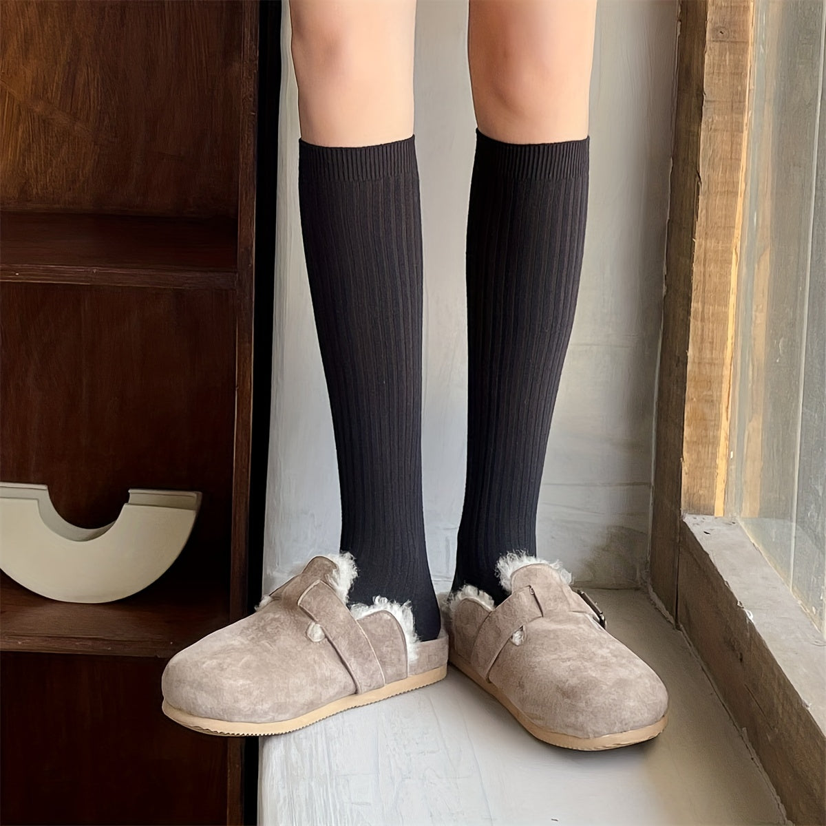 Solid Ribbed Knee High Socks Women's Stockings & Hosiery