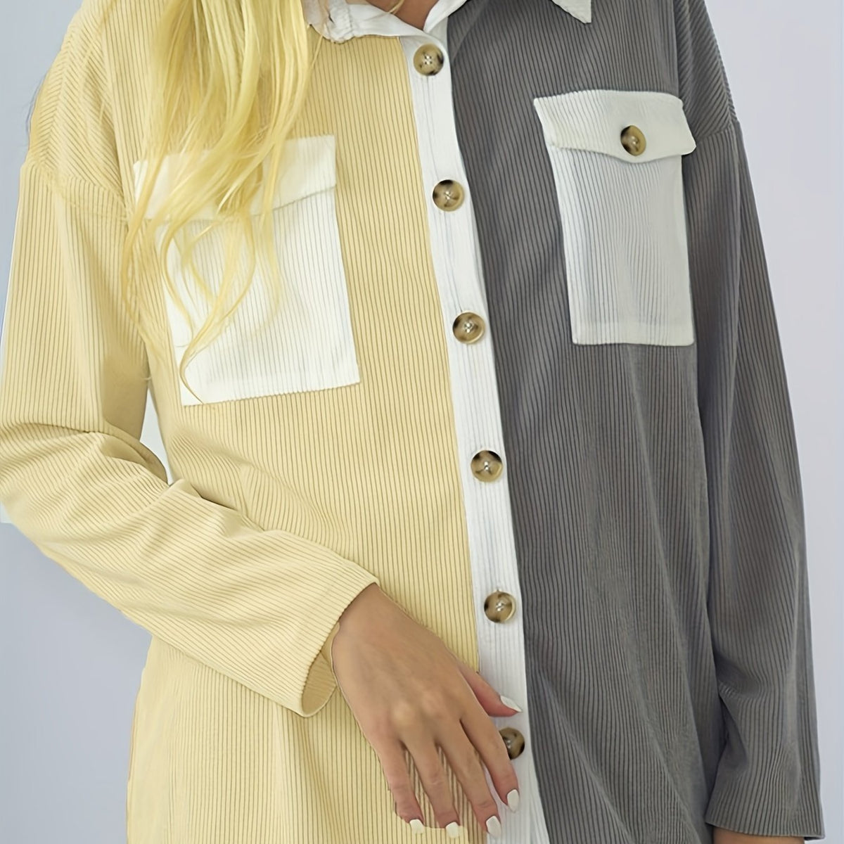  Colorblock Ribbed Long Sleeve Blouse
