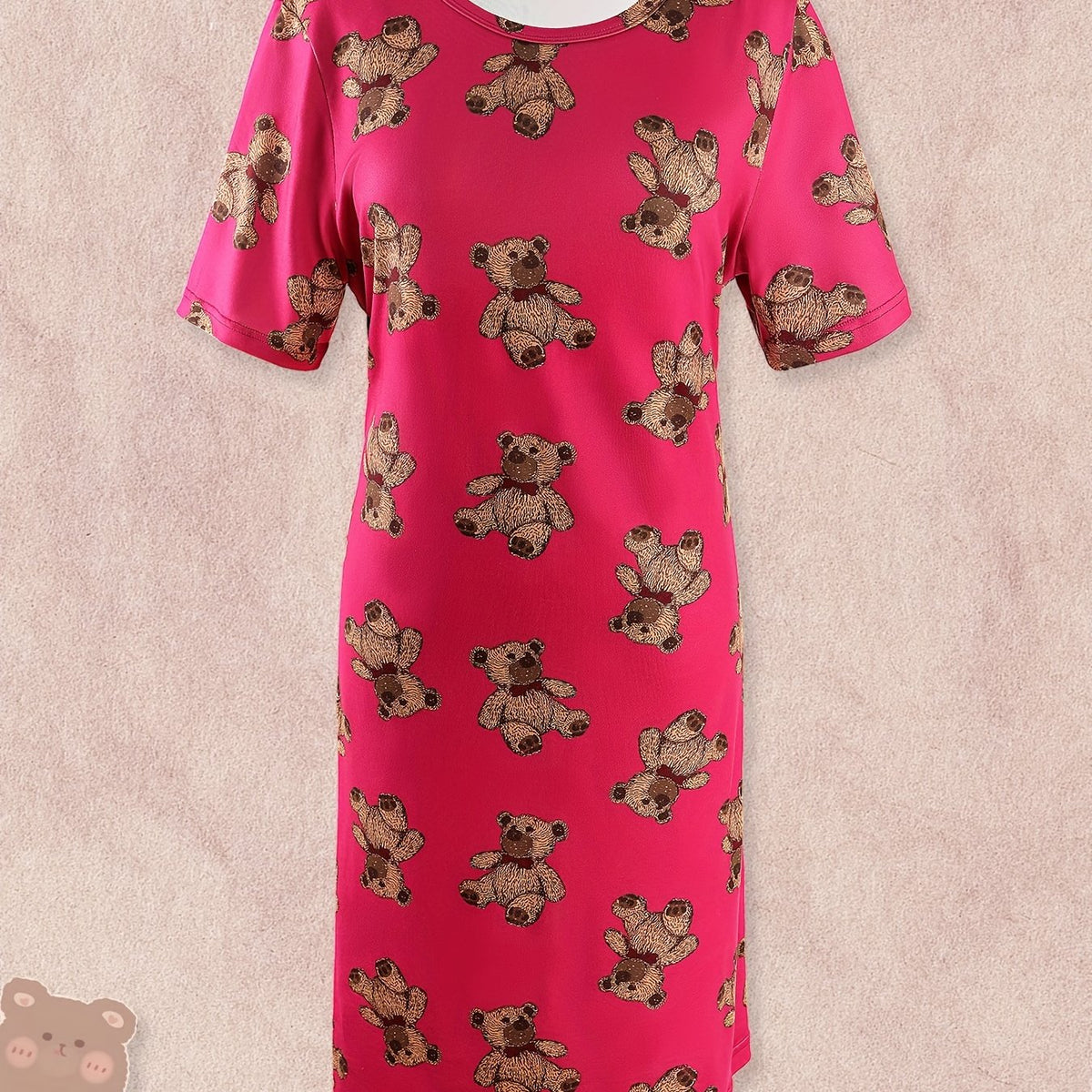 Bear Print Lounge Dress Short Sleeve Crew Neck Women's Loungewear