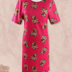 Bear Print Lounge Dress Short Sleeve Crew Neck Women's Loungewear
