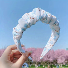 Floral Print Ruched Ruffled Headband Sweet Headdress Wide Head Hoop