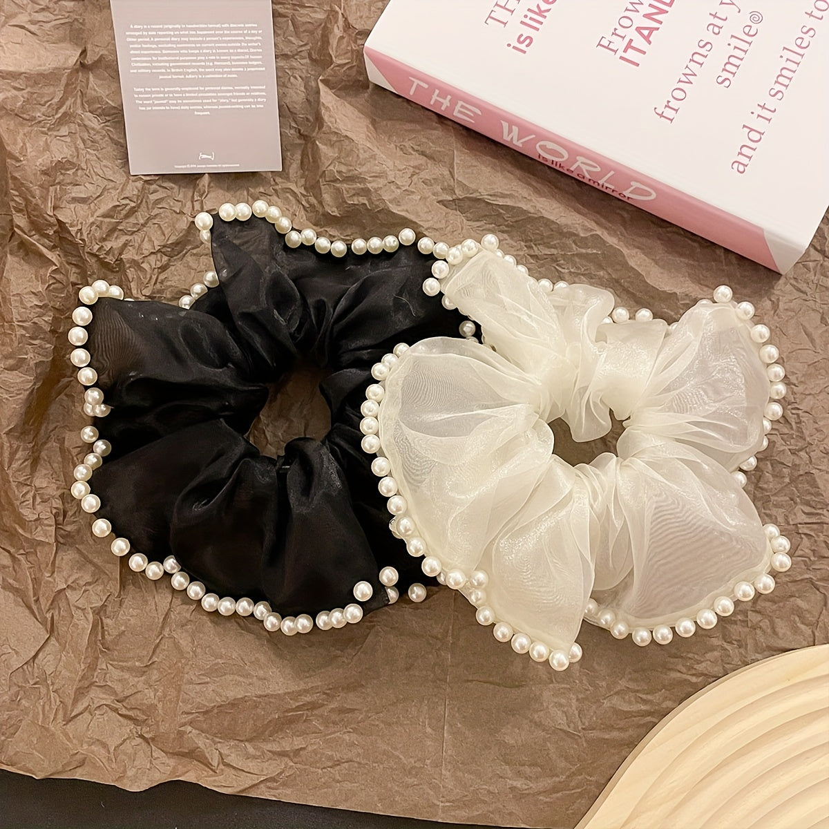 Organza Scrunchies with Faux Pearl Brim Ponytail Holder