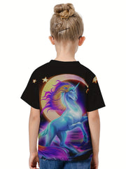 Moon & Unicorn 3D Graphic Tee for Girls - Summer Sports