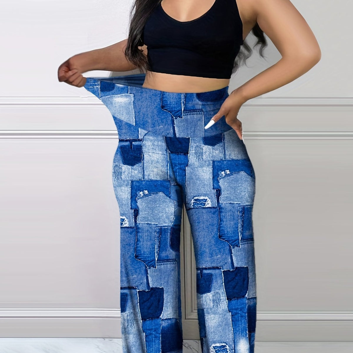  Casual Denim Print High Rise Wide Leg Pants