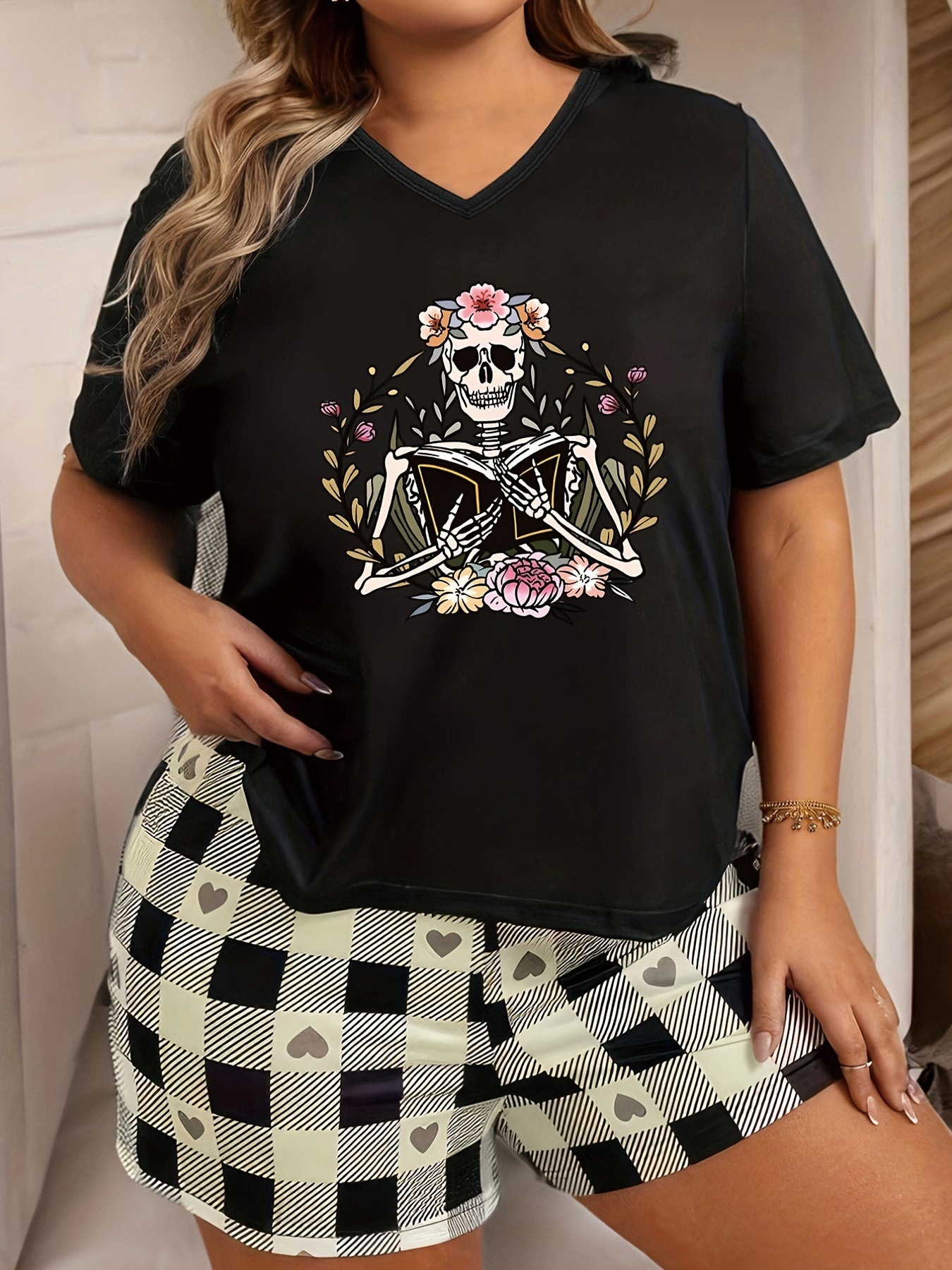  Floral Skull Print Lounge Top