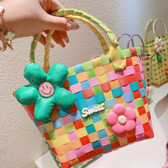 Colorful Plastic Braided Handbag with Flower Decor