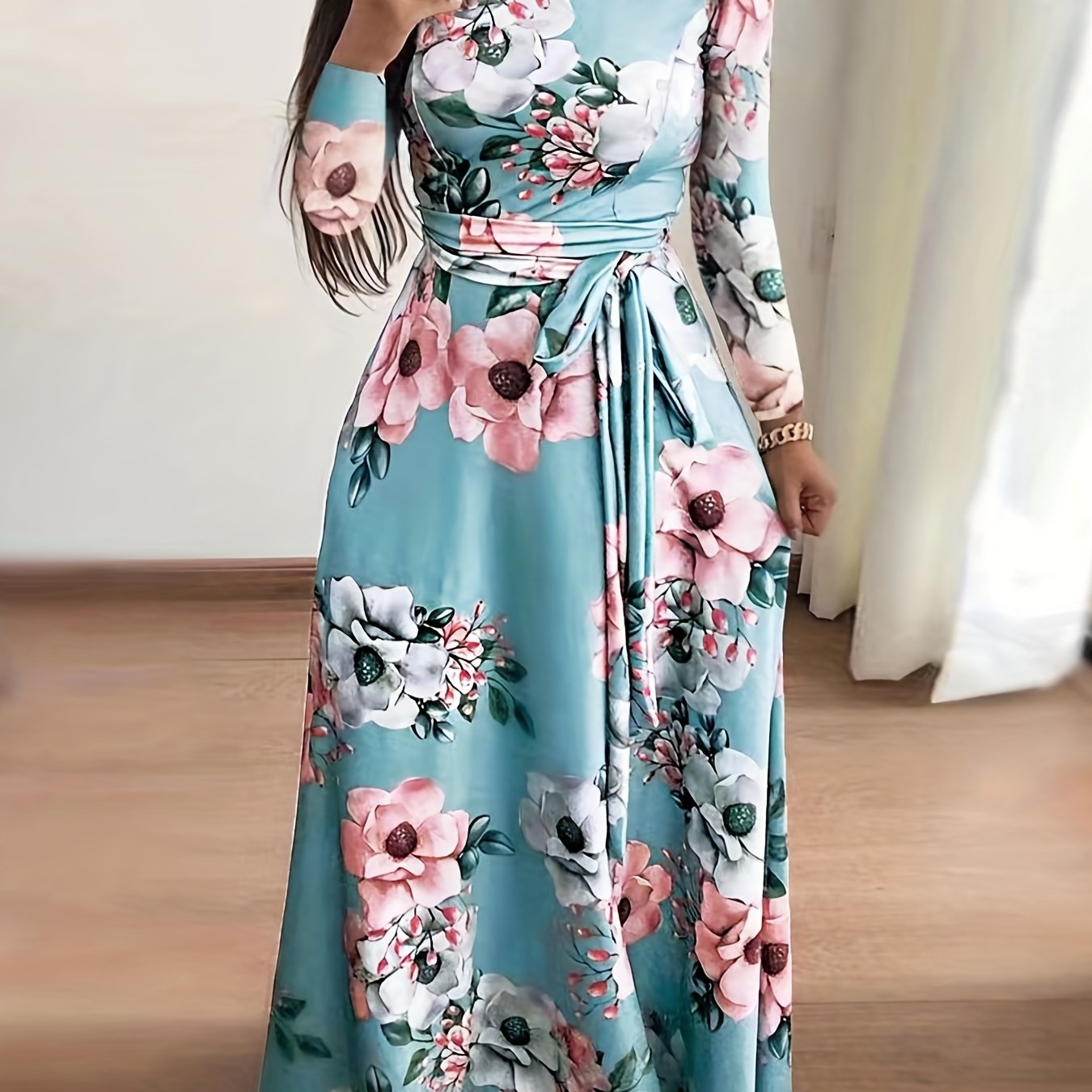  Casual Dress Women's Plus Floral Print Long Sleeve Round Neck