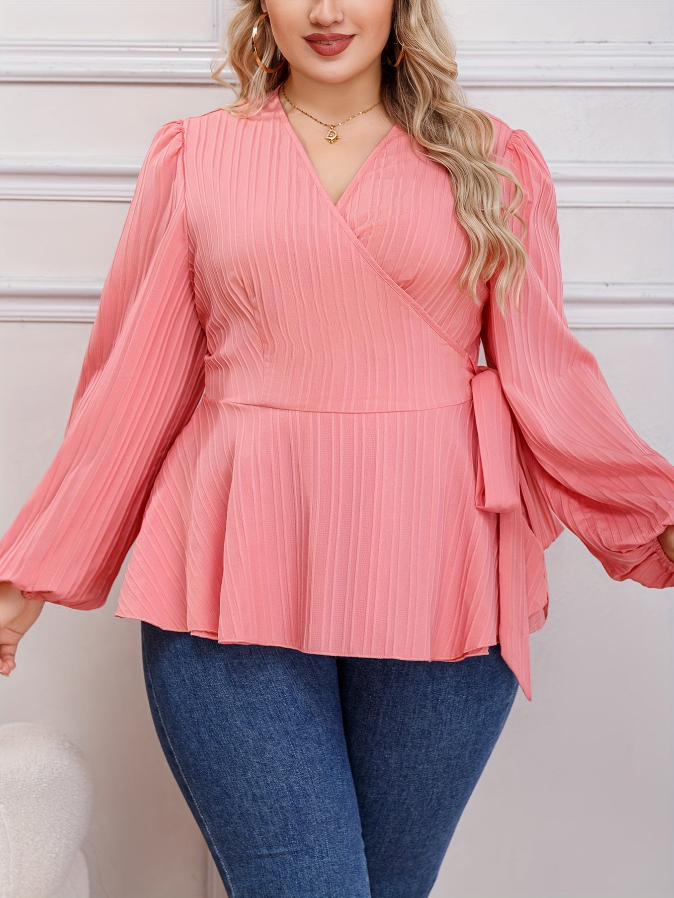  Ribbed Lantern Sleeve Peplum Shirt Top