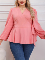  Ribbed Lantern Sleeve Peplum Shirt Top
