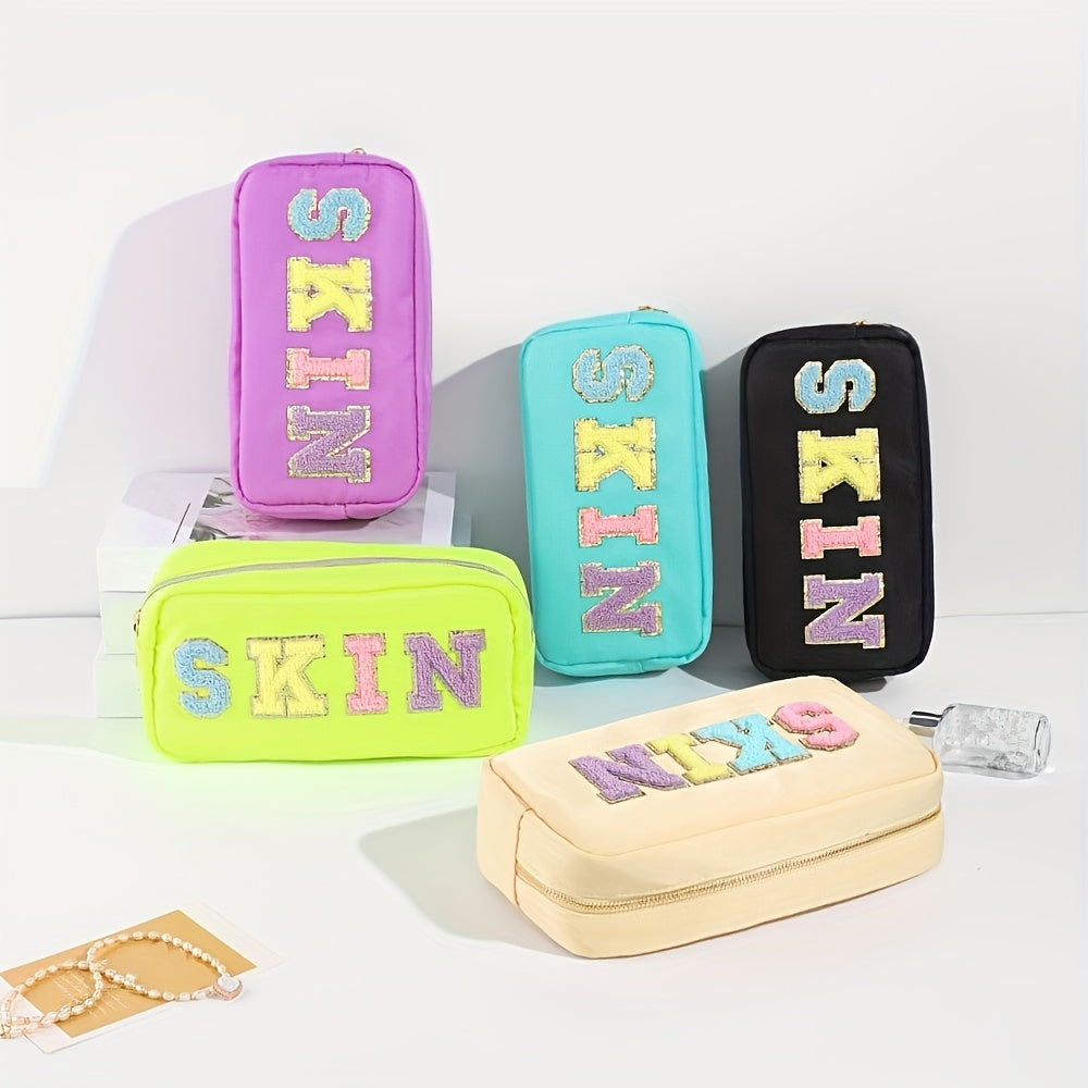 Plush Letter Print Zipper Makeup Pouch Portable Cosmetic Bag