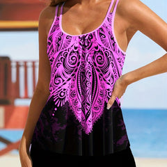 Floral Print Plus Size Boho Tankini Set with Split Strap Top & Shorts