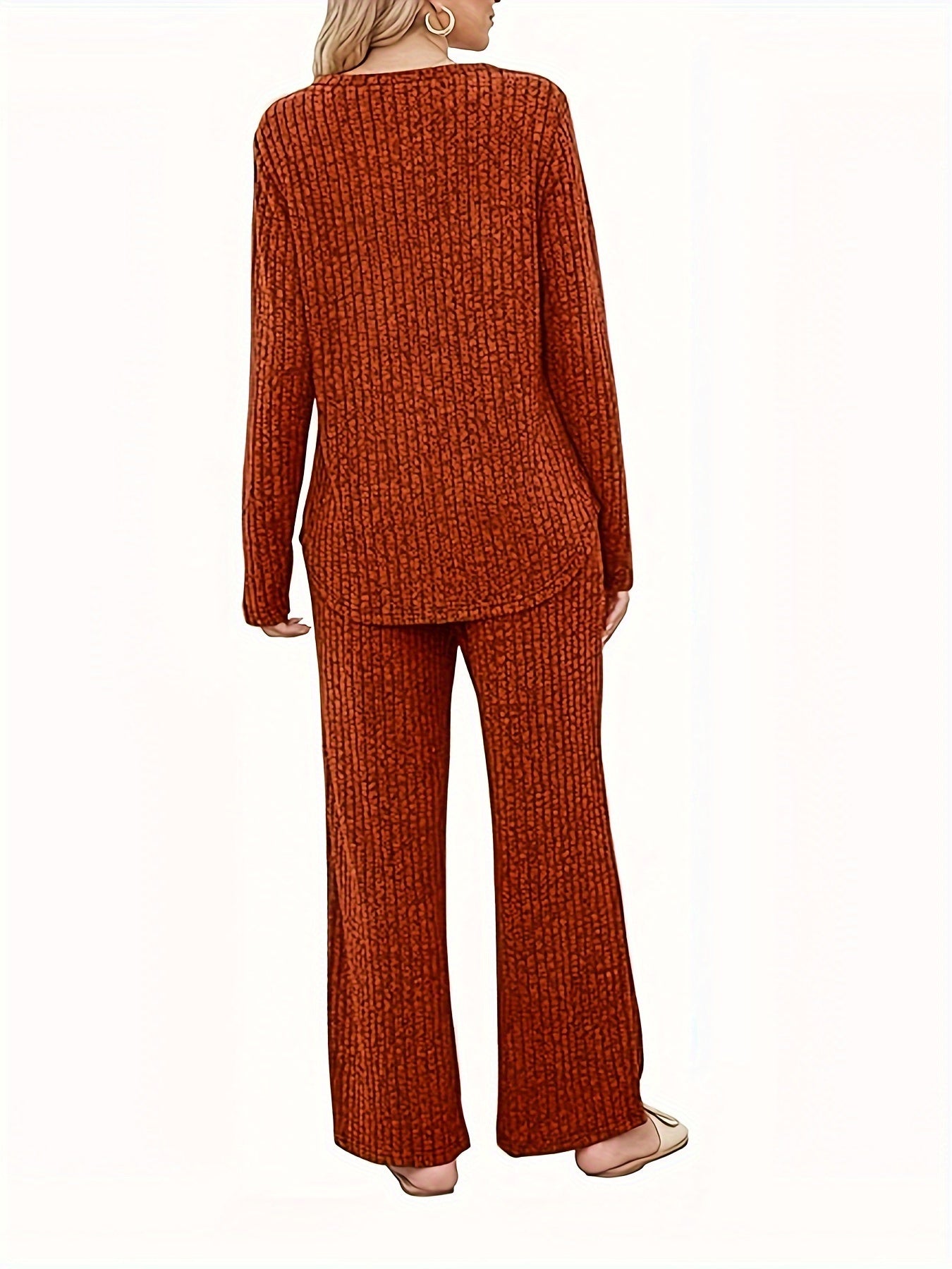  Ribbed Knit Top & Pants Outfit Set Long Sleeve Round Neck Pocket