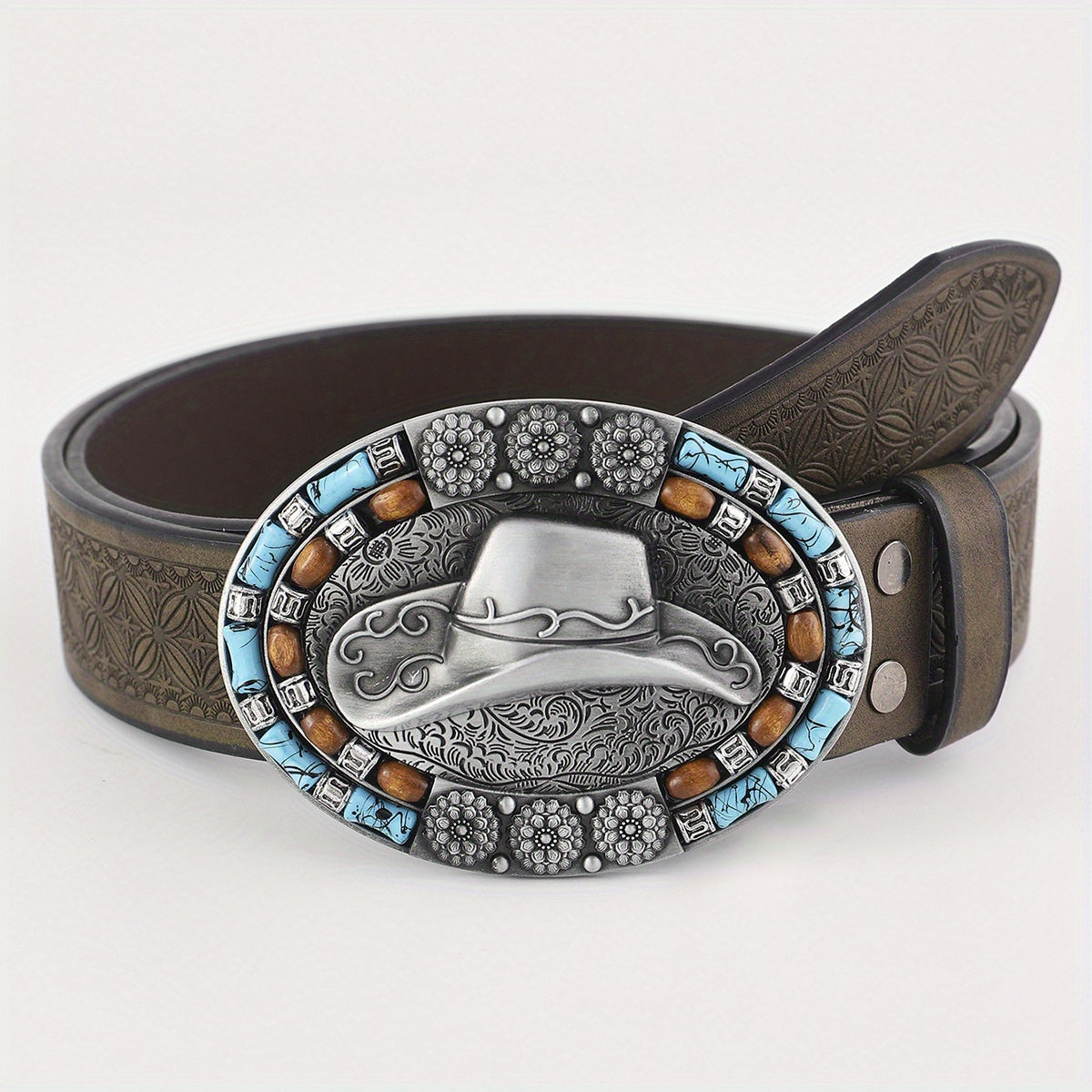 Western Cowboy Vintage Belt Embossed Leather Belt Bohemian Style Hat Buckle
