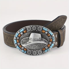 Western Cowboy Vintage Belt Embossed Leather Belt Bohemian Style Hat Buckle