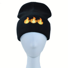 Flame Embroidered Beanie Hip Hop Knitted Warm Skull Cap