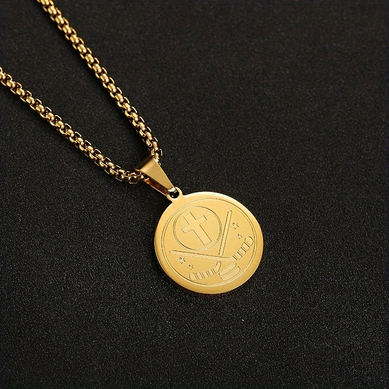 Men's Stainless Steel Ice Hockey Round Pendant Necklace