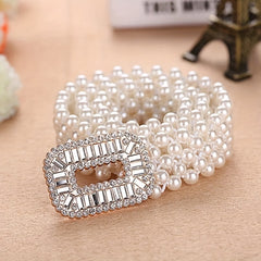 Elastic Faux Pearl Waist Chain Hollow Out Buckle Dress Girdle Chain Belts