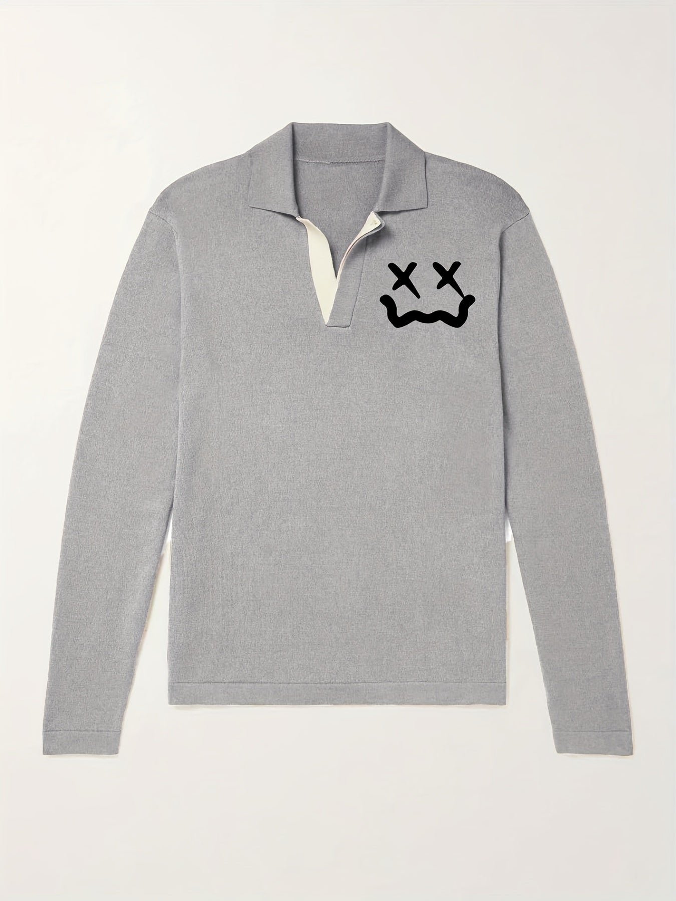 Cross Eyes Face Pattern Knit Polo Shirt Men's Casual Lapel V Neck