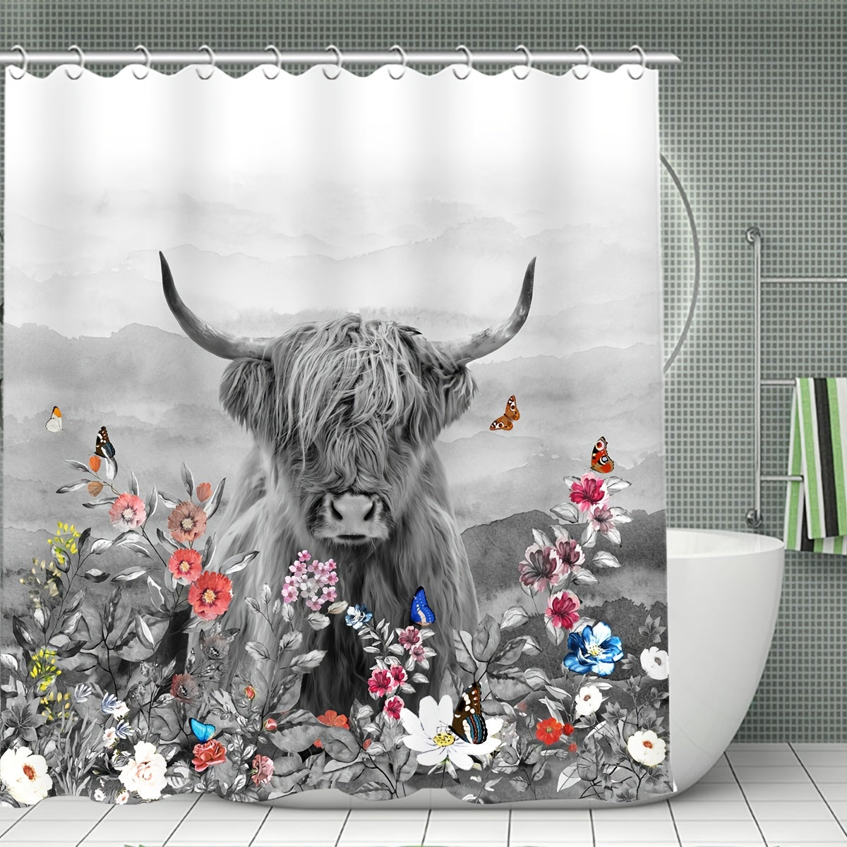 Cow Flower Shower Curtain & Rugs Set