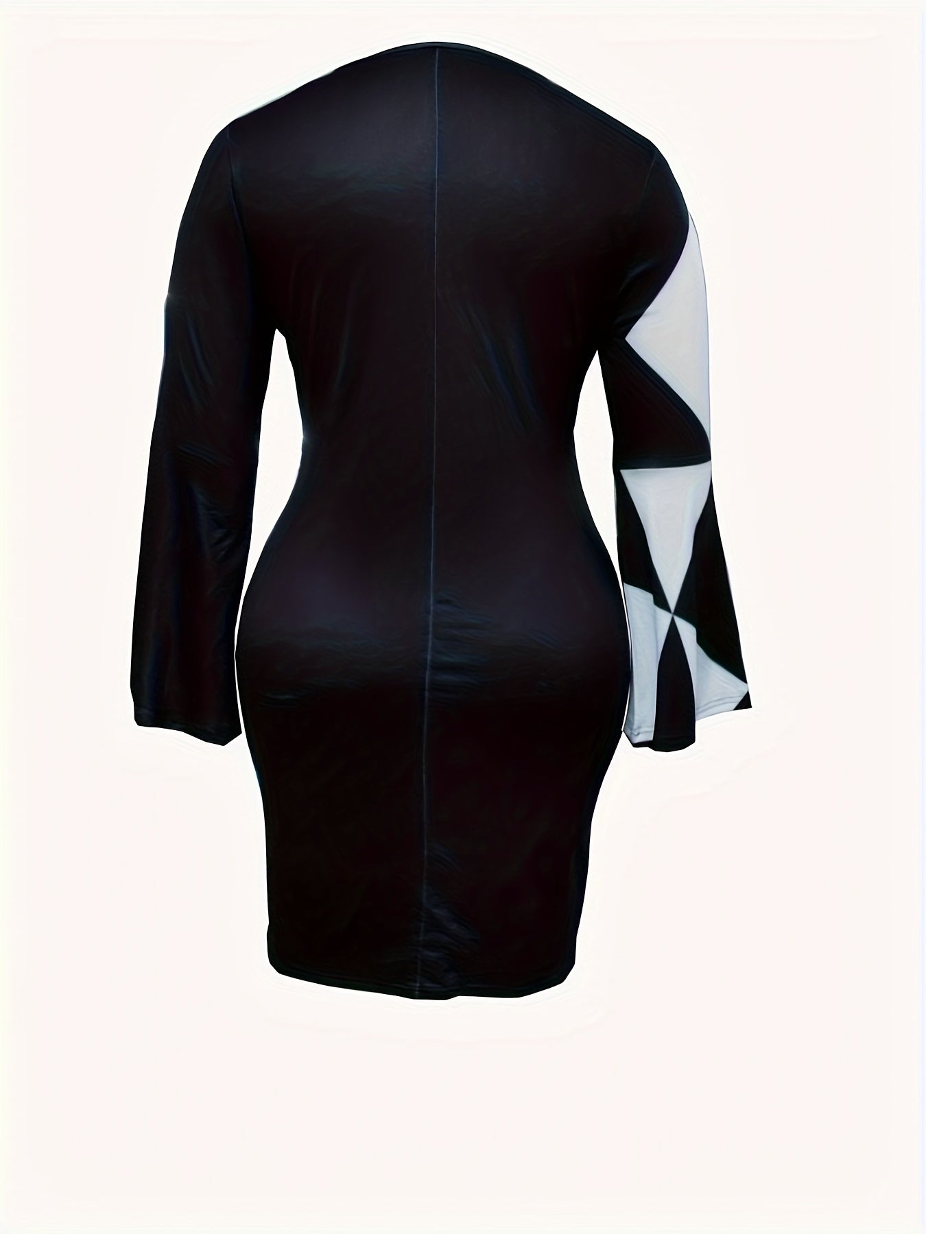  Colorblock Geometric Print Bell Sleeve Dress