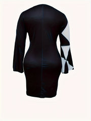  Colorblock Geometric Print Bell Sleeve Dress