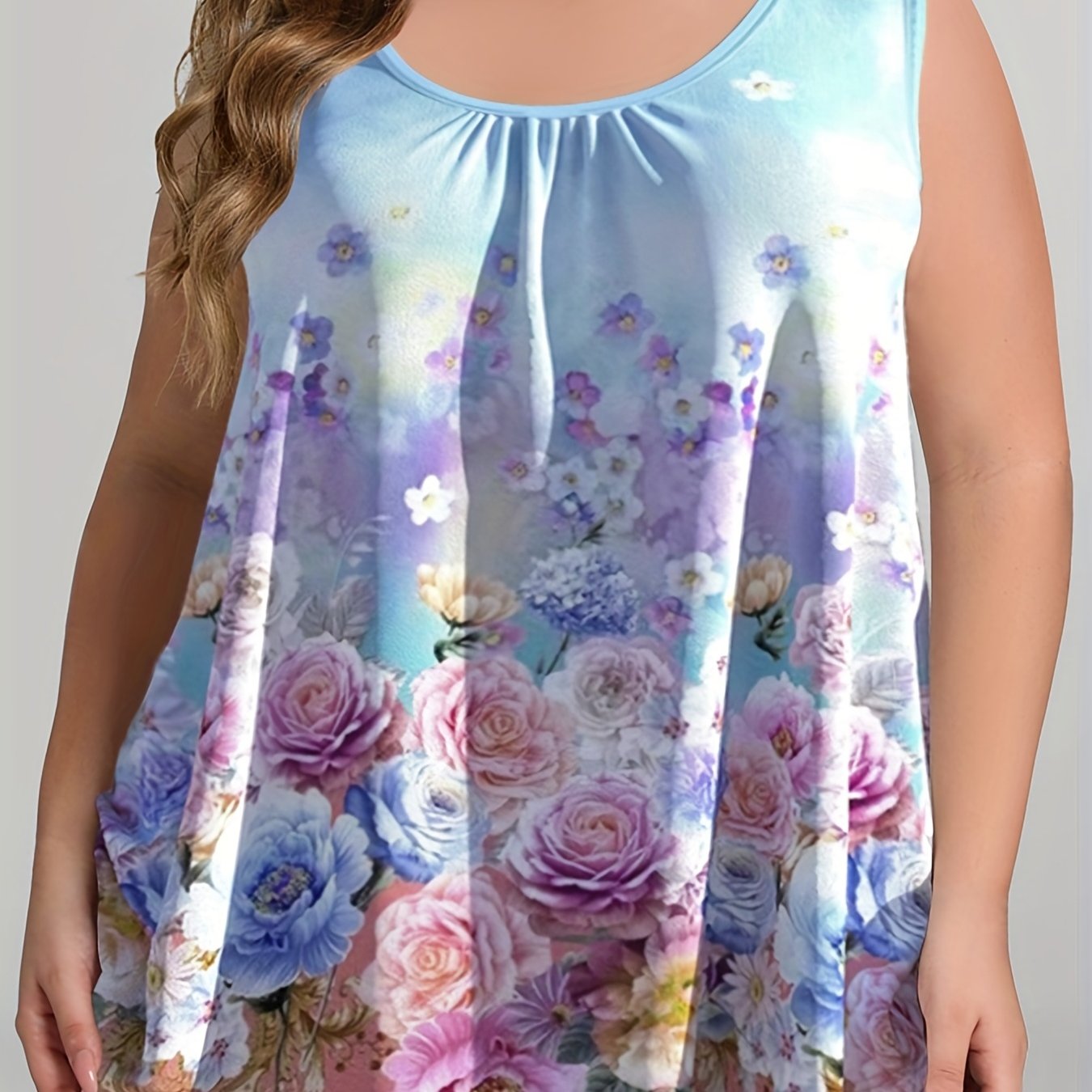  Floral Print Tank Top Round Neck Med Stretch